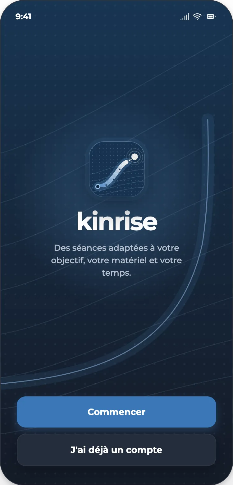 Écran d'accueil de Kinrise : logo Trajectoire et deux boutons, Commencer et J'ai déjà un compte