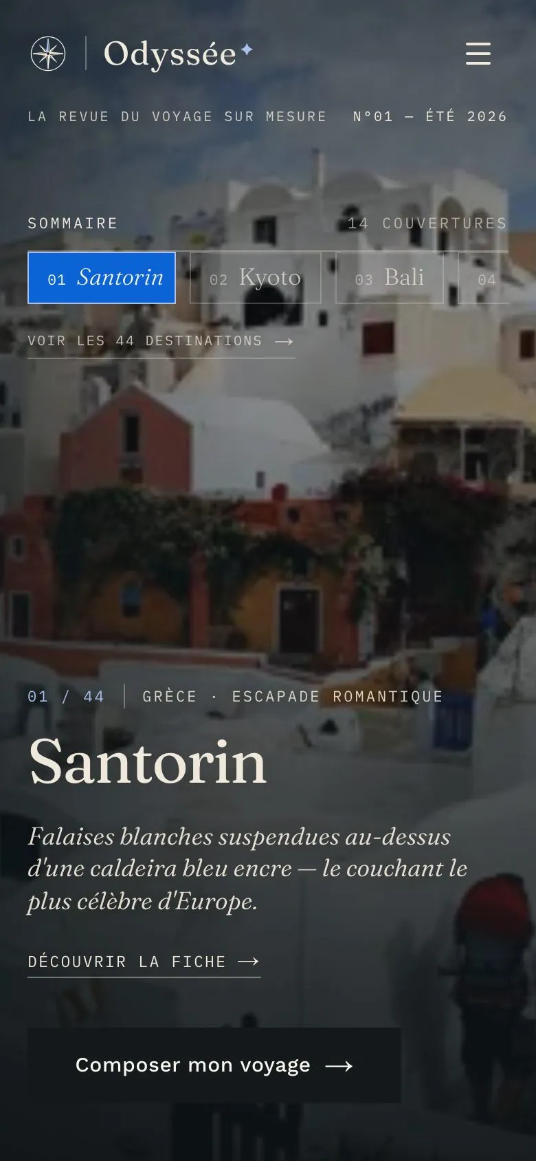 Accueil d'Odyssée en mobile : la destination Santorin en grand titre, sommaire horizontal